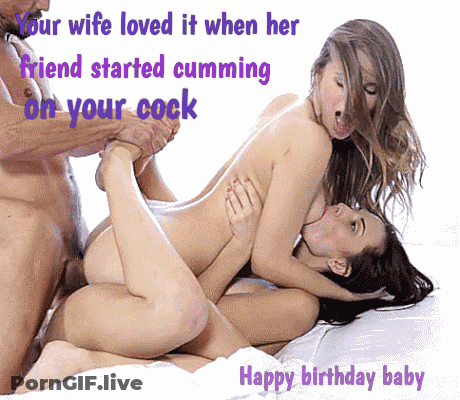 Your Wife Loves It When Her Friend Started Cumming On Your Cock: Threesome Caption GIF