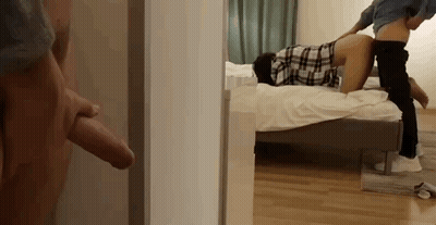 Brunette Girlfriend Gives Threesome Creampie GIF