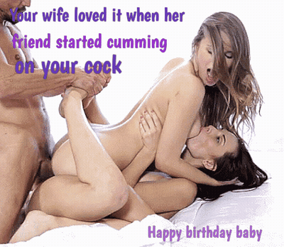 Your Wife Loves It When Her Friend Started Cumming On Your Cock: Threesome Caption GIF